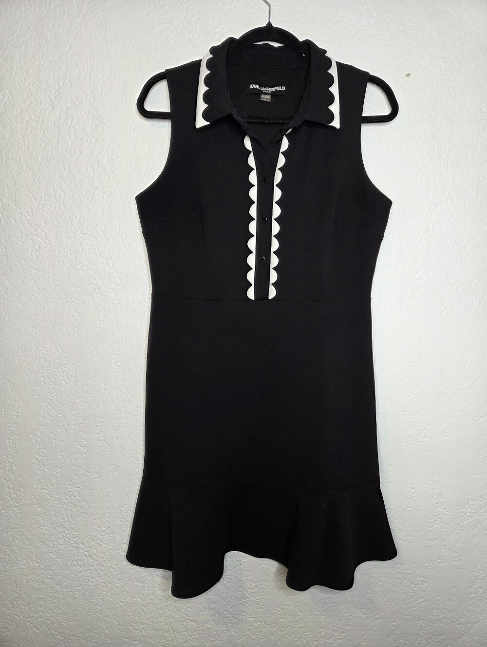Karl Lagerfeld Belted Black Collared A Line Dress w White Scalloped Trim Size 10